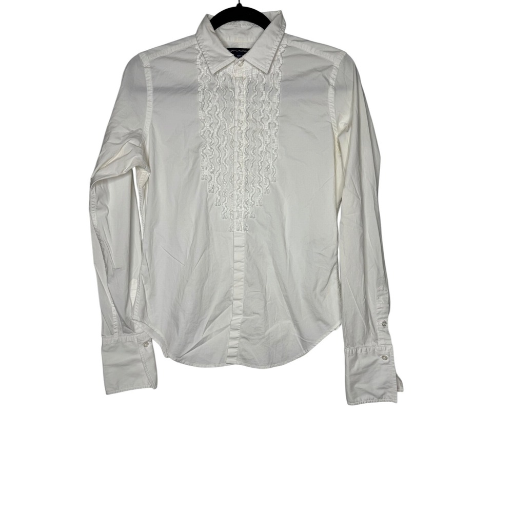 Ralph Lauren Sport White Ruffle Bib Button Down Shirt Womens 10 Stretch Cotton